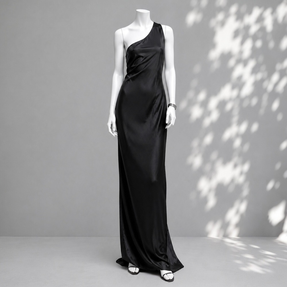 Meshki Harper One Shoulder Gown L Black Satin Open Back Formal Evening Dress